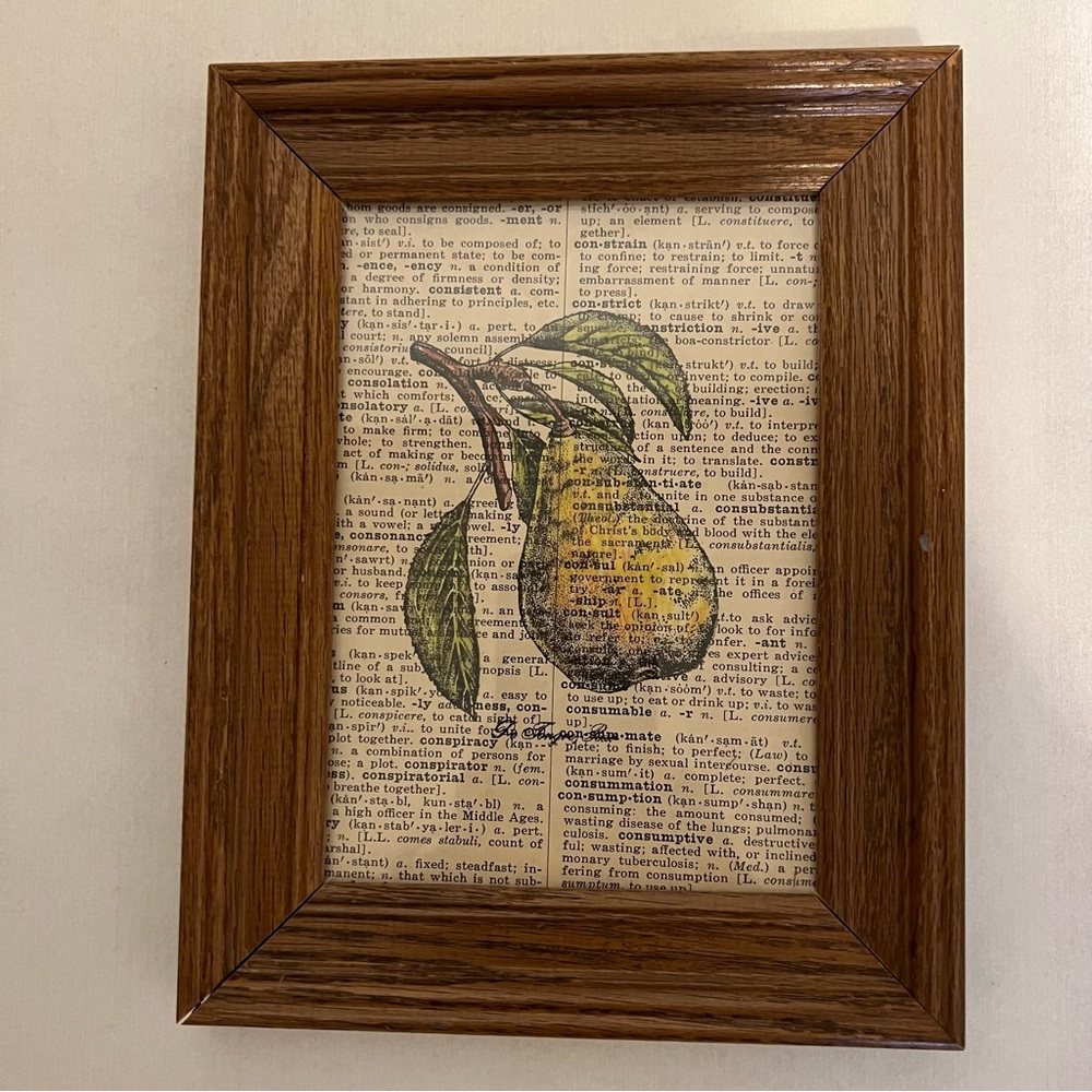 Framed Pear Art on Vintage Text